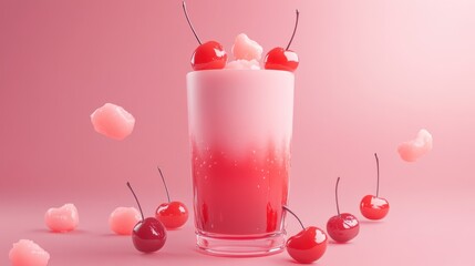 Poster - A refreshing layered drink topped with cherries and cotton candy, set against a pink background.