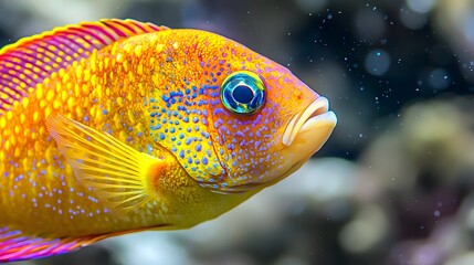 A vibrant orange and blue fish swimming gracefully in clear underwater waters.