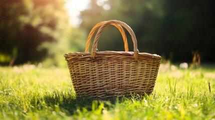 A picnic basket sits on a grassy field. There's room for you to add your own message.