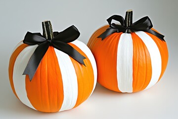 Elegant black-ribboned Halloween pumpkins on white background