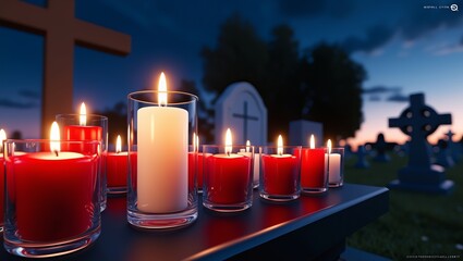 Canvas Print - Rows of lit candles in red and white. The candles are set in glass holders. In the background are two large crosses silhouetted against the dusk sky.