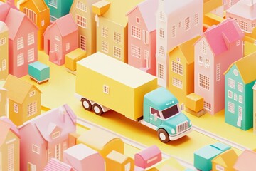 Wall Mural - A colorful 3D scene of a truck navigating through pastel-colored houses.