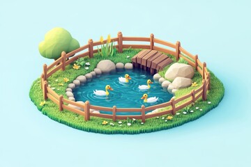 Poster - A serene pond with ducks, surrounded by a wooden fence and lush greenery.