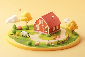 Sticker - A whimsical farm scene featuring a red barn, animals, trees, and a sunny landscape.