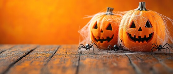 Halloween jack o lantern pumpkin with cobwebs and spiders on wooden table over orange wall background. Holiday mock up for design and product display