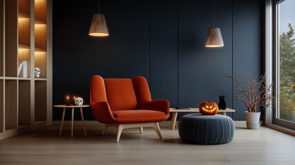 Wall Mural - Halloween Living Room with Jack-o'-Lantern and Red Armchair