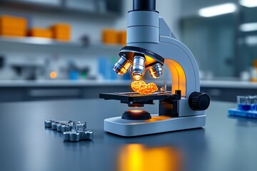 Poster - A hyper-realistic view of a microscope in a science lab, with detailed reflections on the lens and a clear view of the specimen under study