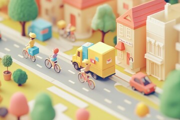 Wall Mural - A colorful scene depicting a delivery truck and cyclists in a vibrant neighborhood.