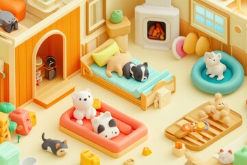 Poster - A colorful scene depicting cute animal figurines in a cozy indoor setting.