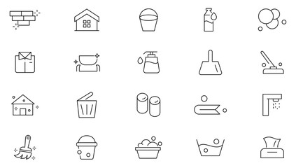 House Cleaning line icon set. Washing floors, windows, dishes, clothes, water pollution, Laundry detergent, washing line icon set. UI thin line icon pack.