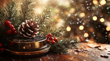 Wall Mural - Warm festive Christmas decoration with pinecone bokeh lights