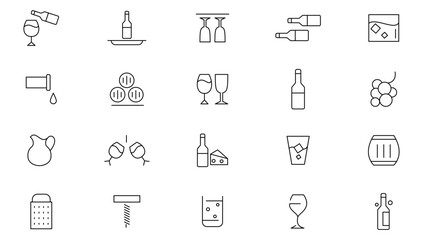 Winemaking and Wine line icon set.  Grapes, wine glass and bottle, corkscrew, barrel, bottle, bunch of grapes, glass of wine line icon set. UI thin line icon pack.