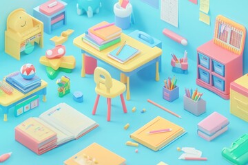 Poster - A colorful, playful arrangement of school supplies and furniture in a vibrant setting.