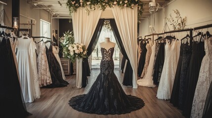 A luxurious bridal boutique with elegant black wedding gowns on display.