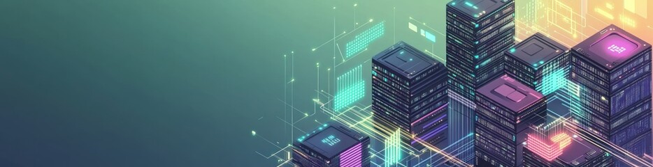 Abstract digital cityscape with glowing data elements and modern buildings.