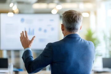 Canvas Print - Businessman Standing in Front of a Whiteboard,Gesturing and Presenting Ideas in a Modern Corporate Office Setting