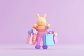 Wall Mural - A cute cartoon bunny holding colorful shopping bags, conveying a playful shopping theme.