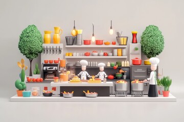 Sticker - A colorful kitchen scene with chefs preparing food and vibrant ingredients.