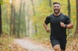 © Downloads - Muscular Man Jogging Through Scenic Autumn Forest Trail Sweat Glistening on Chiseled Physique