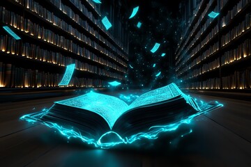 Poster - A magical library with floating books and glowing scrolls, shelves stretching endlessly into the darkness, with a mystical aura surrounding the space