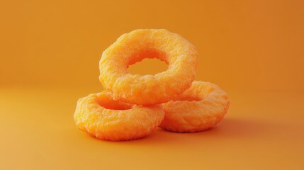 Wall Mural - Three orange, fluffy snack rings stacked against a bright orange background.