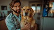 © mertingen - Veterinarian holding a golden retriever dog at a veterinary clinic