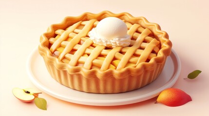 Wall Mural - A delicious apple pie topped with ice cream, presented on a plate with apple slices.