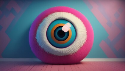 Wall Mural - A surreal 3D rendering of a large, colorful eyeball with a pink exterior, mounted on a teal and pink wall. Ideal for abstract art, playful decor, or creative design projects.