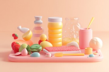 Wall Mural - A colorful arrangement of playful food items and kitchen utensils on a pastel background.