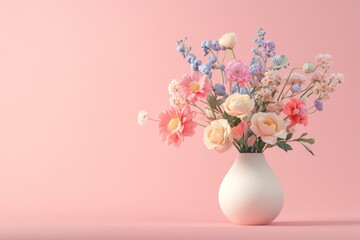 Poster - A beautiful vase filled with colorful flowers against a pink background.