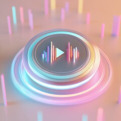 Poster - A colorful audio play button surrounded by vibrant sound wave graphics.