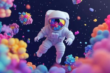 Wall Mural - an astronaut floats through a vibrant cosmic scene filled with colorful clouds and particles.