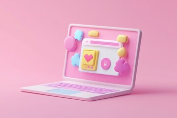 Canvas Print - A playful laptop design featuring colorful icons and shapes on a pink background.