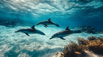 Wall Mural - Three dolphins swimming gracefully in clear blue water.