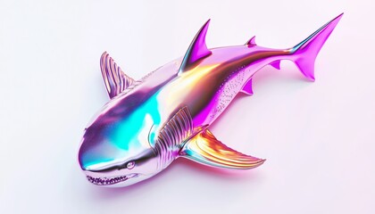 A vibrant, colorful shark sculpture with an iridescent finish, isolated on a white background.