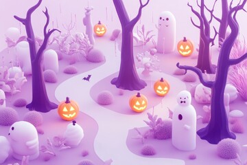 Canvas Print - A whimsical Halloween scene with ghostly figures and glowing pumpkins in a pastel forest.