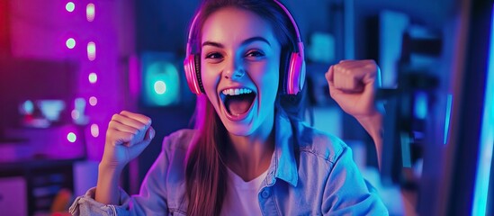 Excited Gamer Girl with Headphones