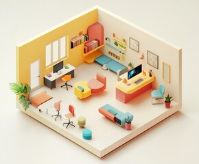 Sticker - A cozy, modern workspace with colorful furniture and plants for productivity and relaxation.