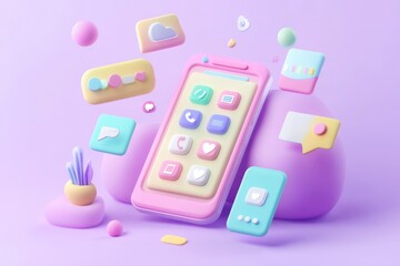 Poster - A colorful 3D illustration of a smartphone surrounded by app icons and decorative elements.