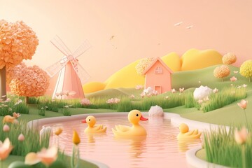 Wall Mural - A serene landscape featuring a pond with rubber ducks, a windmill, and soft pastel scenery.