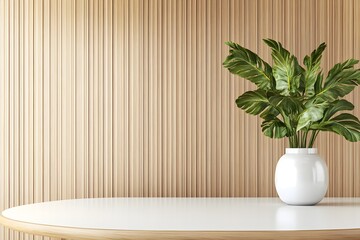 Canvas Print - Sophisticated and Inviting Workspace Design with Clean Lines Warm Wooden Elements and Lush Greenery   Ideal for Business Advertising Brochure Backgrounds and Promotional Banners