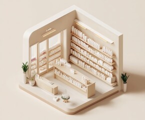 Poster - A minimalist retail space featuring shelves of products and a central display area.