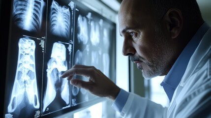 A doctor examines a patient's x-ray, focusing on the details to make a diagnosis.