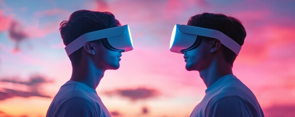 two young men wearing virtual reality headsets against a colorful sunset background, engaged in a di