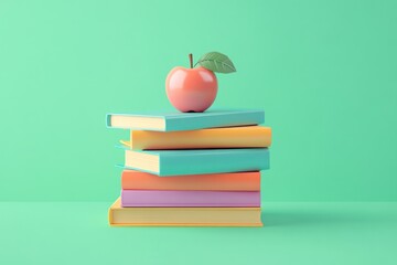 Sticker - A stack of colorful books topped with a pink apple against a mint green background.