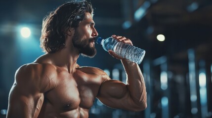 Wall Mural - Lifestyle portrait of handsome muscular man drinking water in the gym