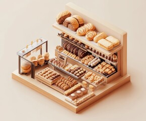 Poster - A display of various baked goods arranged on shelves and trays in a bakery setting.