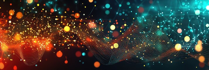 Wall Mural - Abstract digital network with glowing neon lights and geometric connections, panoramic background