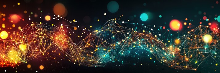 Wall Mural - Abstract digital network with glowing neon lights and geometric connections, panoramic background