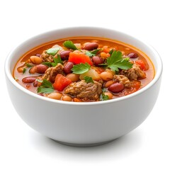 Hearty and Flavorful Beef and Bean Chili Dish Isolated on Clean and Bright White Background Perfect for Die Cut or Studio Lighting Photography